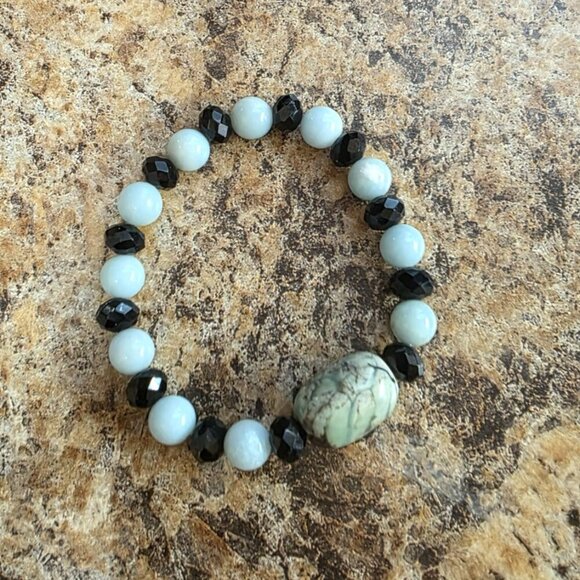 Handmade Beaded Stretch Bracelet with Tourmaline Quartz Light Blue & BlacK - Picture 2 of 4